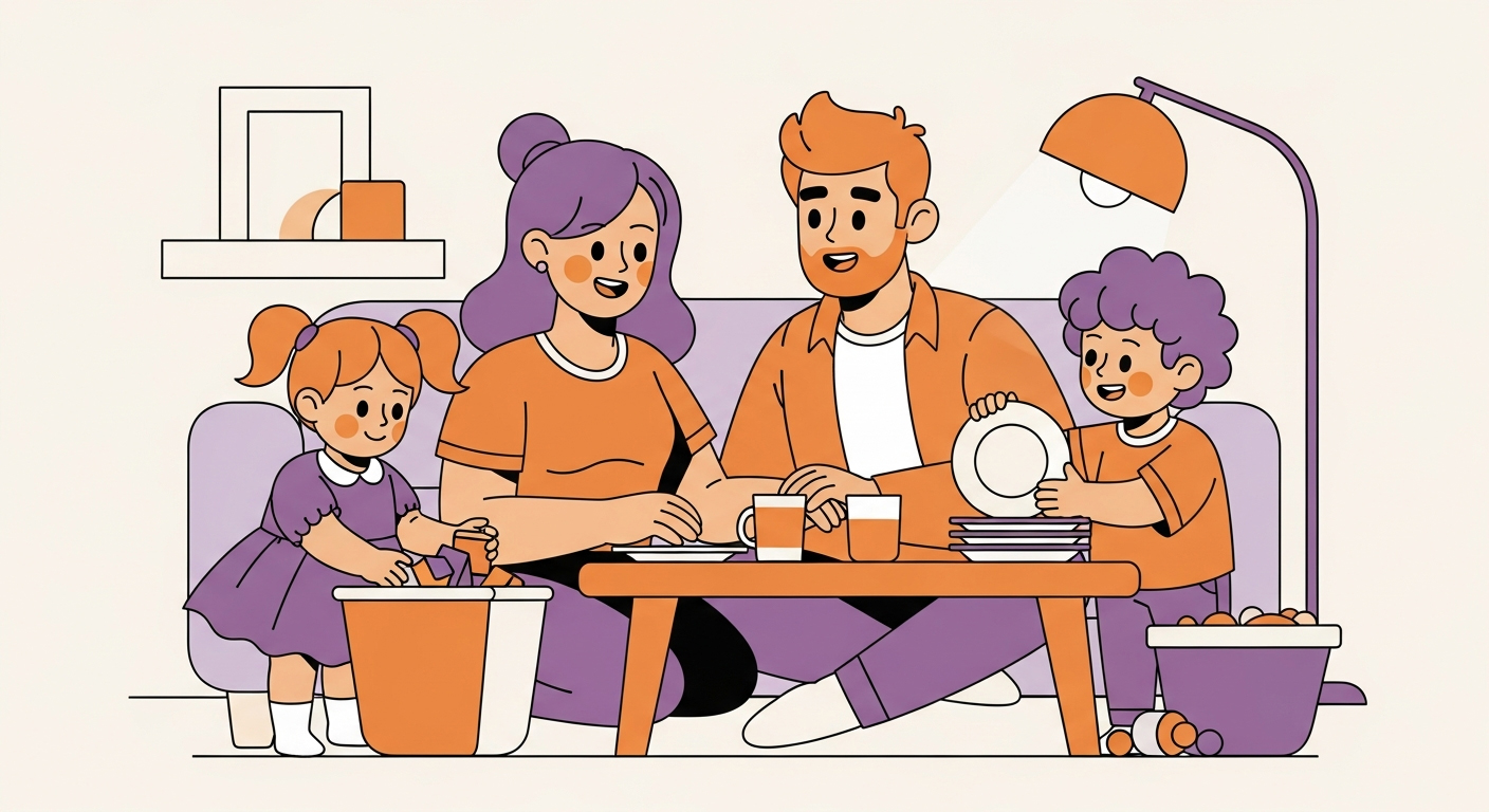 Happy family working together on daily routines